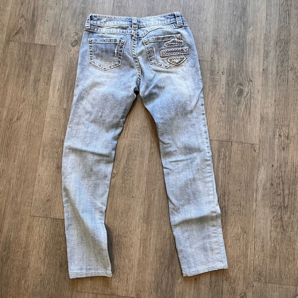 Harley Davidson distressed ripped low rise jeans. Gem and stud details. - Picture 6 of 15